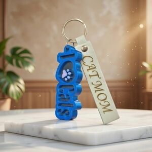 Cat Mom Keychain! 3D Keychain and Engraved Leather Strap